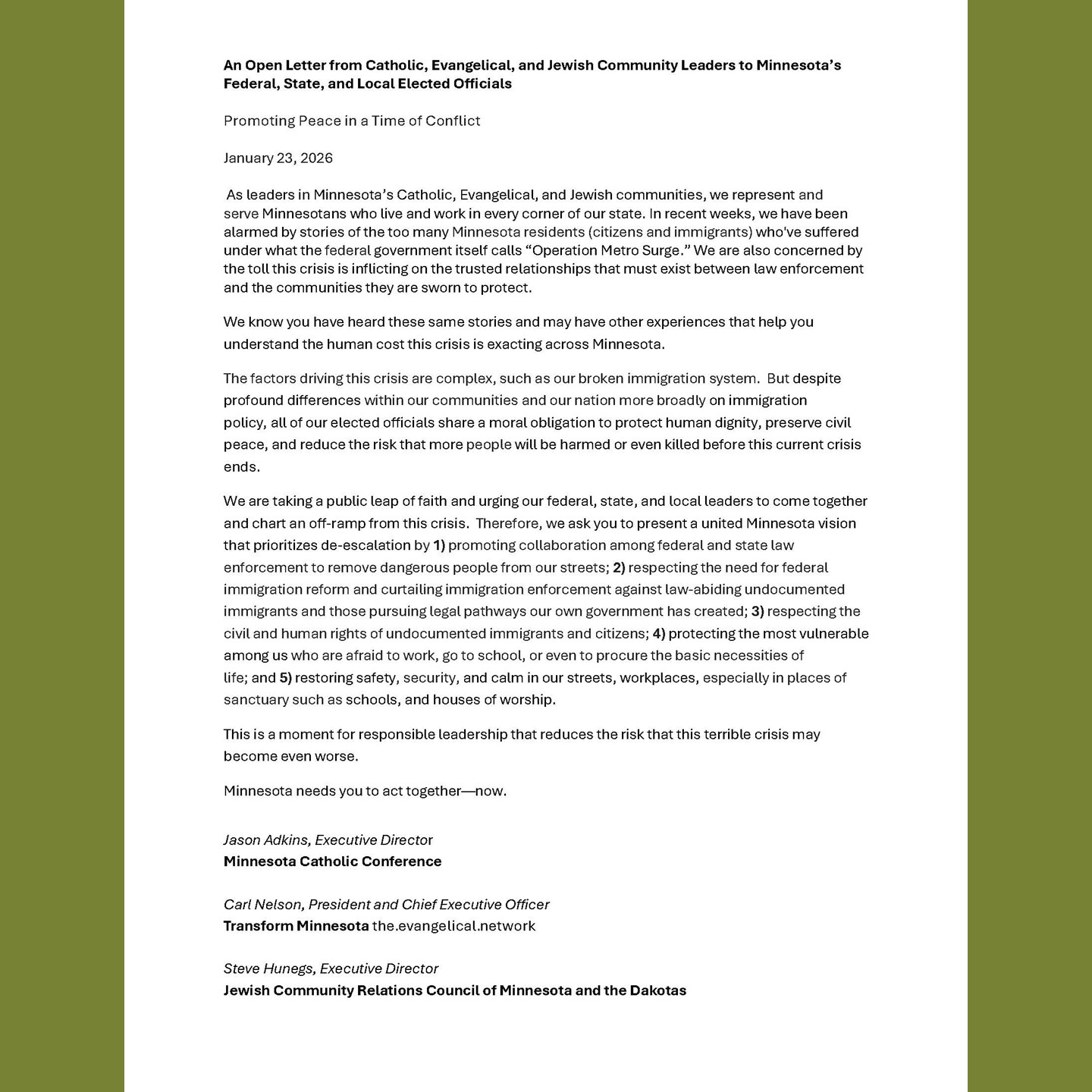 Open Letter from Catholic, Evangelical, and Jewish Community Leaders